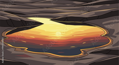 Pixel art of a serene, isolated oasis reflecting a vibrant sunset amongst rocky terrain