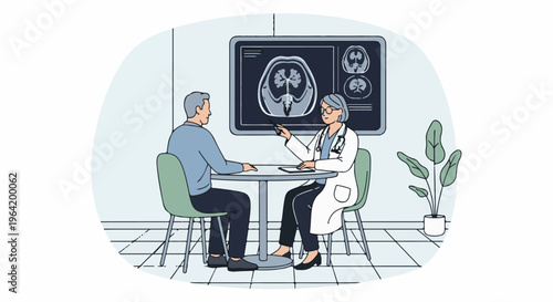 Doctor explains brain scan results to a patient in a medical office