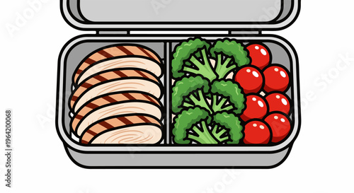 A divided lunchbox filled with grilled chicken, broccoli, and tomatoes