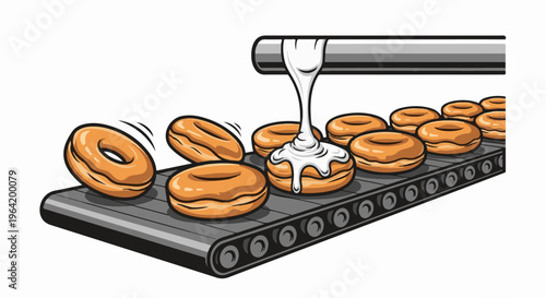 Donut factory conveyor belt icing machine creating sweet treats