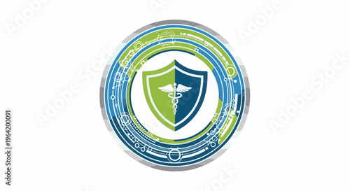 Digital shield with medical caduceus symbol on a technological circular background