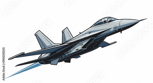 A modern fighter jet ascends, trailing blue exhaust, on a white background