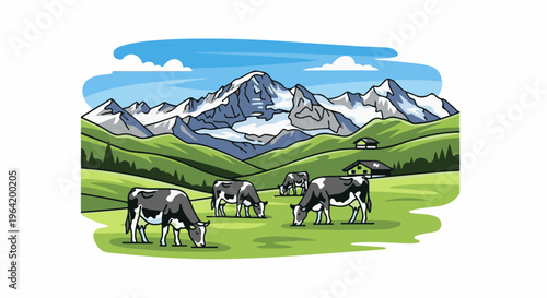 Cows graze in a green alpine meadow with snow-capped mountains behind