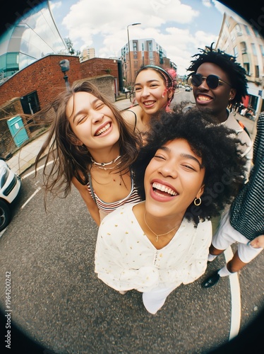 Group of young adults smiling and posing together outdoors, captured with a wide-angle fisheye lens perspective on a city street with buildings in the background
