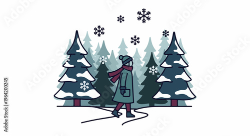 A person in winter attire walks through a snow-covered forest