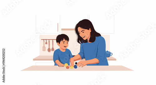 A mother and son happily play with colorful toys in a kitchen