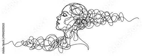 Woman profile silhouette with tangled hair in continuous line art style