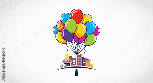 Colorful balloons lifting a stylized city silhouette on a white background