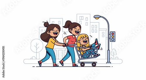 Joyful family pushing a shopping cart with a child in a city