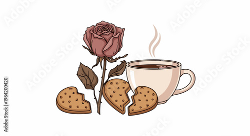 A rose and coffee accompany broken heart-shaped cookies