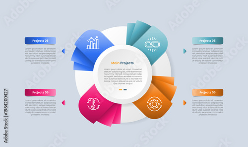 Cycle and circular base infographic with glossy gradient style with big circle and fan paper layer style with quadrant structure with four segment information