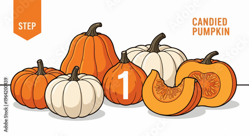 Collection of whole and sliced pumpkins, some white, labeled 