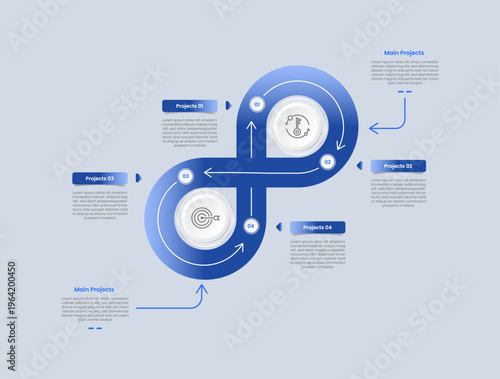 Cycle and circular base infographic with glossy gradient style with endless loop infinity with 8 shape on skew position with four segment information