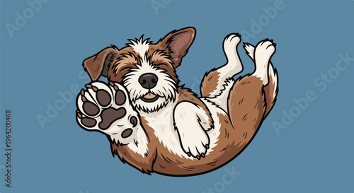 Joyful, fluffy dog rolls and waves a paw playfully against a blue background