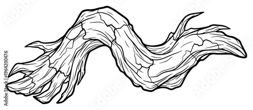 Gnarled tree branch with cracked wood texture in hand drawn line art style