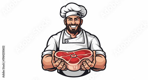 Smiling chef presenting raw steak, wearing uniform and toque