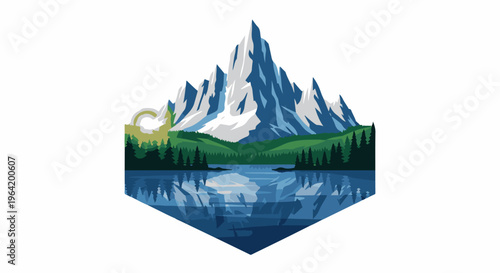 Snow-capped mountains rise above a forest and lake