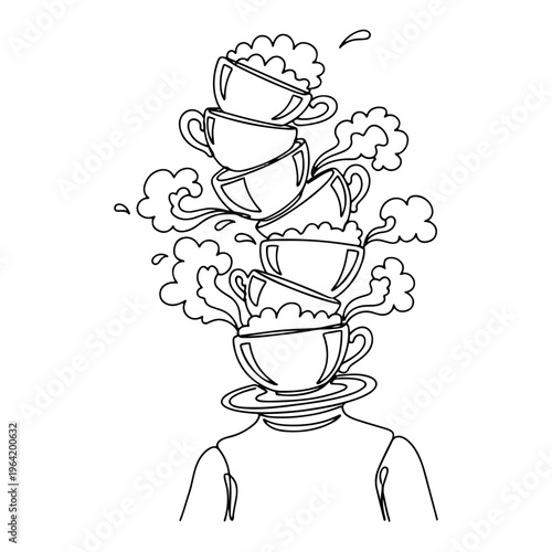Human figure with stack of steaming coffee cups instead of head in surreal line art style