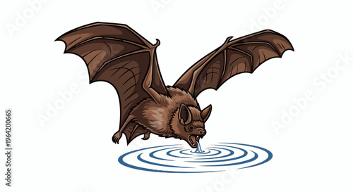Brown bat with wings spread, drinking water causing ripples