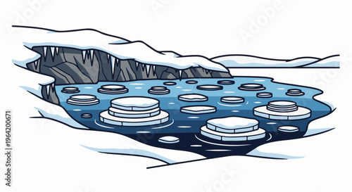 Frozen water with ice floes and snow-capped rocks