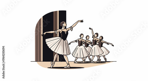 Elegant ballerinas in synchronized motion on a stage with a backdrop