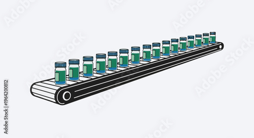 Pharmaceutical vials travel along an automated assembly line for processing