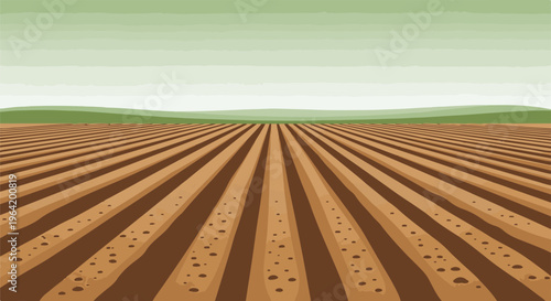 Furrowed brown earth stretches to a green horizon under a pale sky