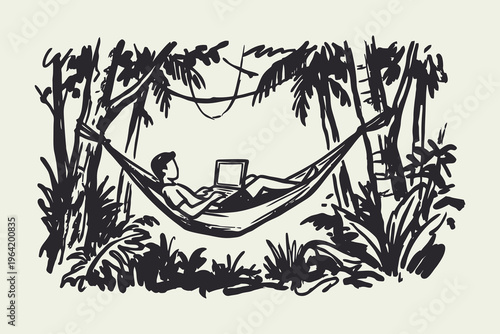 Digital Nomad Working on Laptop in Hammock in Tropical Jungle Sketch