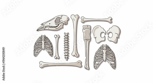 Assorted skeletal components displayed on white, including a skull, ribs, and long bones