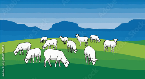Flock of sheep grazing peacefully on a green hillside under a blue sky