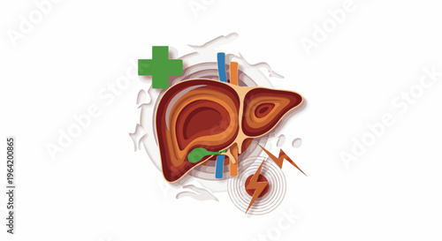 Stylized liver with medical symbols and pain icons