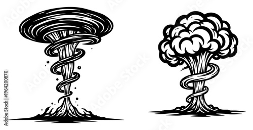 Tornado vortex and storm cloud icons for weather disaster themes in linocut style