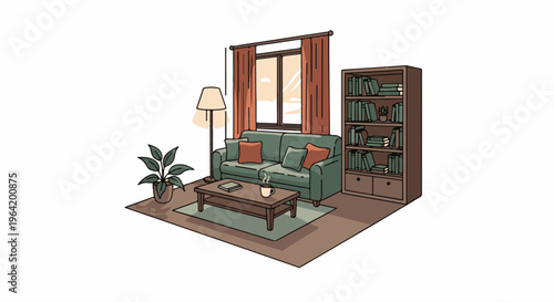 Cozy room interior with sofa, bookshelf, coffee table, lamp, plant, window