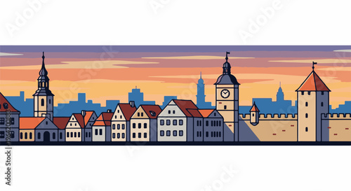 Pixel art cityscape with towers, clock, and ancient walls against a sunset sky