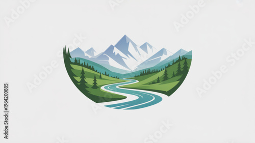 Stylized mountain landscape with winding river and pine trees flat vector illustration for nature tourism and outdoor adventure concepts