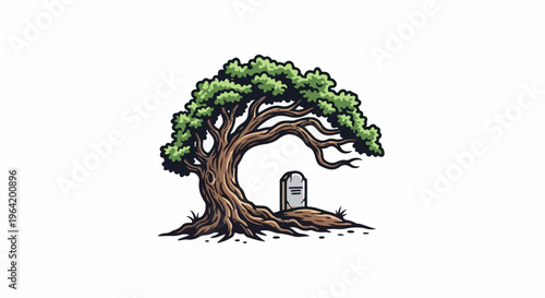Ancient tree with outstretched branches shelters a lone gravestone
