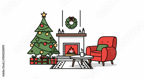 Cozy Christmas scene with tree, fireplace, armchair, coffee, and gifts