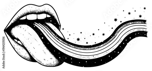 Open mouth with long tongue transforming into starry galaxy path in surreal engraving style