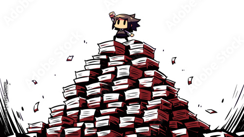 積み上げられた大量の本の頂上でガッツポーズをする少女 読破や達成感を表現したデフォルメイラスト 白バック