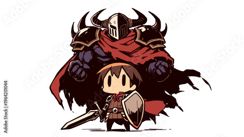 ちびキャラの勇者と背後に立つ巨大な鎧の戦士 ファンタジーRPG風のデフォルメイラスト 白バック