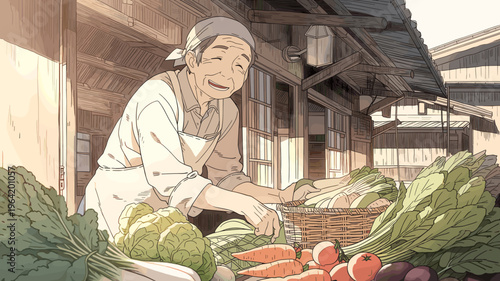 笑顔で新鮮な野菜を並べるエプロン姿の高齢女性 八百屋の店先 昭和レトロな雰囲気のイラスト
