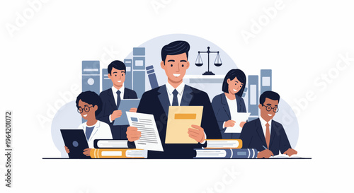 Diverse legal professionals collaborating with books and law scales in background