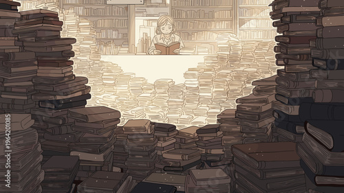 大量の本に囲まれて読書をする少女 図書館や古本屋の山積みの本棚 幻想的でレトロな雰囲気のイラスト