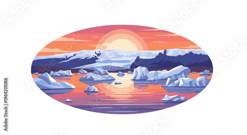 Pixelated arctic scene with icebergs at sunset