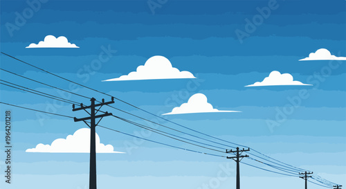 Pixelated blue sky with white clouds and silhouetted utility poles