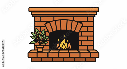 Cozy brick fireplace with burning flames and a green potted plant