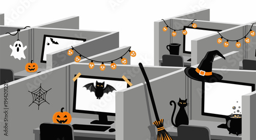 Cubicles decorated for Halloween with ghosts, bats, pumpkins, witch hat, and cat