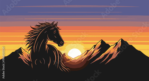 Pixelated horse silhouetted against a vibrant mountain sunset sky