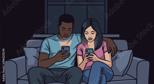 Couple using smartphones on couch in dim room
