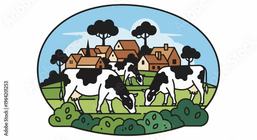 Cows grazing in a rural village scene with houses and trees